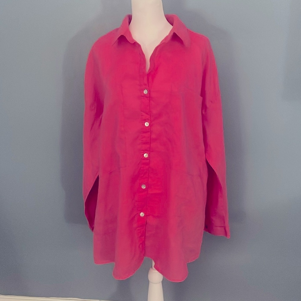 Magaschoni Linen Long Sleeve Button Down Linen Shirt Size Large Pink 🌸spring🌸